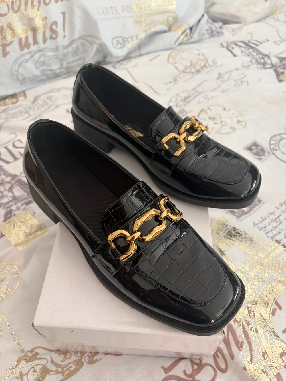 Black Patent Loafers with Gold Chain Accent - Women
